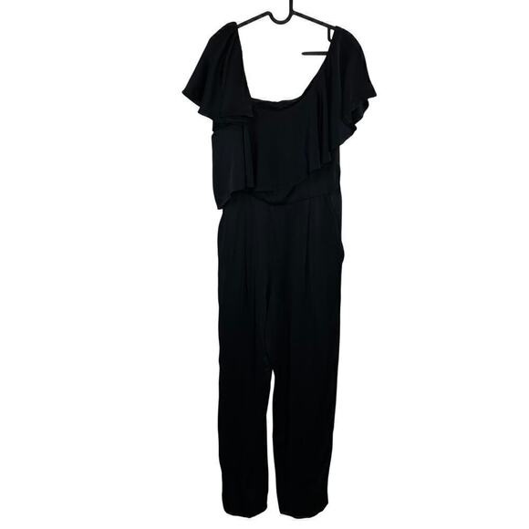 Jill Stuart Black Crepe Satin Ruffle Asymmetrical Neckline Jumpsuit Size 8 - Picture 2 of 12